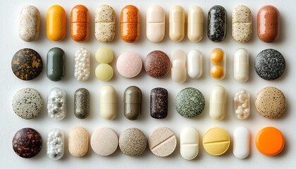 Closeup of diverse pills and medications on clean white surface, round, oval, capsule shapes, different sizes and colors, neatly organized pharmaceutical visual