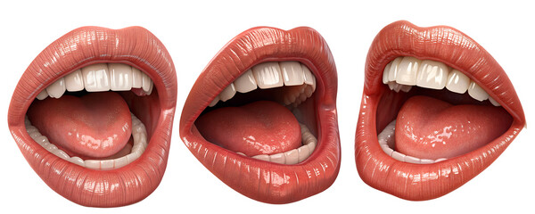 Obraz premium Glossy red lips mouth set bundle and shiny teeth dental care vector illustration, isolated on transparent PNG, dentistry banners, social media posts, posters, doctor promotions, beauty art, health 