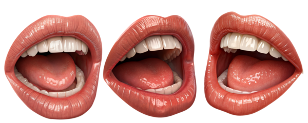 Glossy red lips mouth set bundle and shiny teeth dental care vector illustration, isolated on transparent PNG, dentistry banners, social media posts, posters, doctor promotions, beauty art, health 