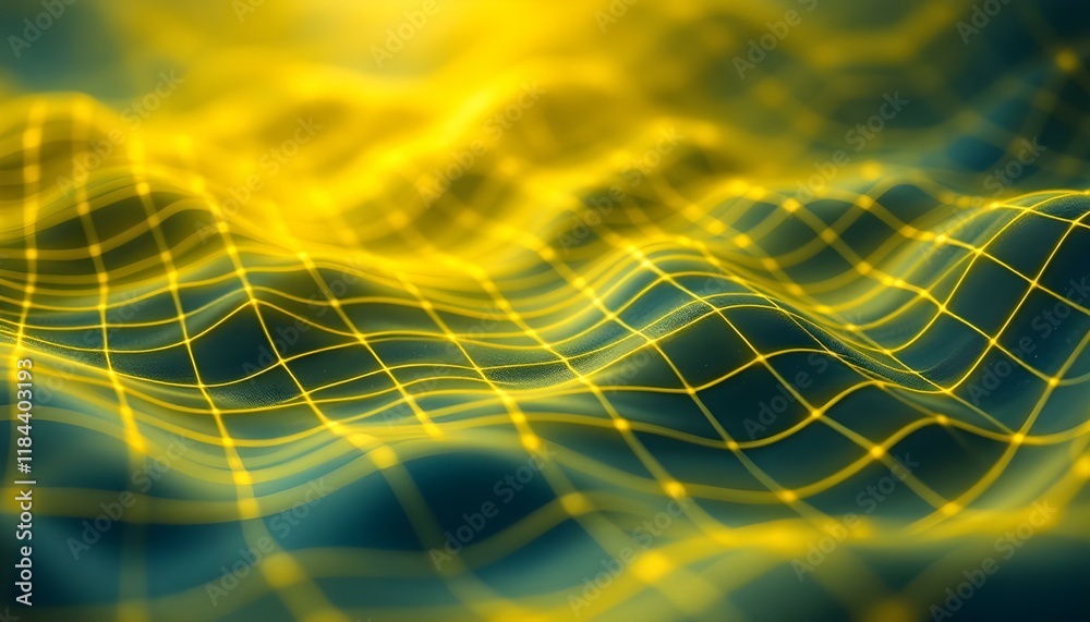 Aufkleber Bright yellow abstract netting grid waves background. Abstract yellow mesh texture with a wavy pattern. Golden gridded waves with sparkling lights. Golden particle wave abstract background