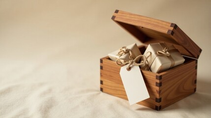 Wooden box with wrapped presents and blank tag