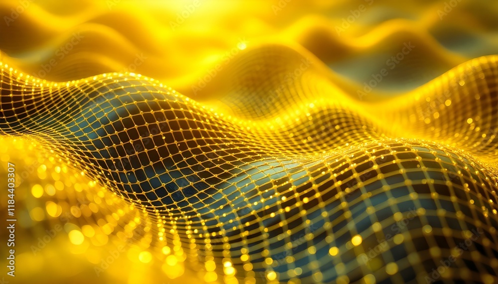 Aufkleber Bright yellow abstract netting grid waves background. Abstract yellow mesh texture with a wavy pattern. Golden gridded waves with sparkling lights. Golden particle wave abstract background