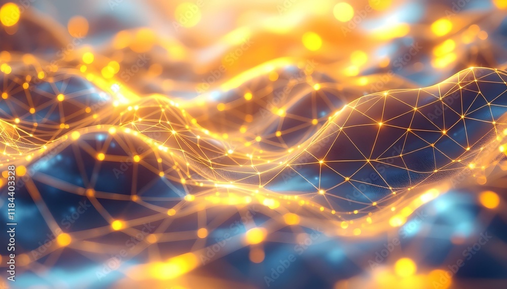 Poster Bright yellow abstract netting grid waves background. Abstract yellow mesh texture with a wavy pattern. Golden gridded waves with sparkling lights. Golden particle wave abstract background