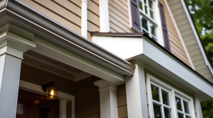 Close-up view of a house's exterior, focusing on the gutters, fascia, columns, and window.  The siding is light brown, and the trim is white.  A portion of a lit exterior light fixture is visible.