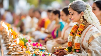 Fototapeta premium Bride's Ritual: A beautiful bride in traditional white and gold Indian attire performs a sacred ritual during her wedding ceremony, surrounded by loved ones.
