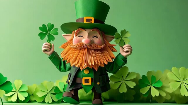 Leprechaun figurine with a pot of gold surrounded by shamrocks on a green background. St. Patrick&rsquo;s Day celebration concept. High quality 4k footage