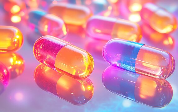Detailed image of modern pills and drugs on a reflective glass surface, brightly colored capsules, translucent gel pills, vibrant pharmaceutical design