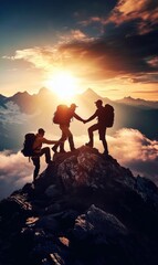 Obraz premium Climbing Together: Hikers Supporting One Another 