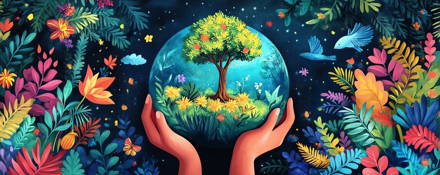 Earth Day banner featuring hands holding globe, tree growing from Earth, Arbor Day message, clean planet, environmental conservation, vibrant ecology visuals