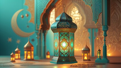 Glowing Traditional Arabic Lantern in a Ramadan Background - Illuminated Festive Setting