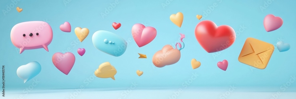 Poster floating 3d chat bubbles hearts and arrows in playful pastel colors against a light blue background.