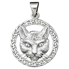 This sterling silver pendant features a cat design with a pentagram, symbolizing mystery,...