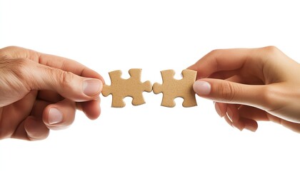 Highquality image of hands joining two puzzle pieces, man and woman in perfect partnership, connection concept, seamless fit, symbol of unity and teamwork