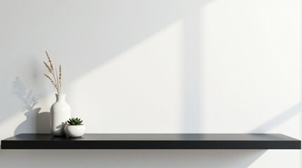 Minimalist Home Decor  Black Shelf with White Vases and Succulent