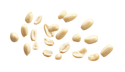 Flying or falling shelled roasted peanuts on transparent PNG or white background. nutritious nuts, healthy foods concept. 
