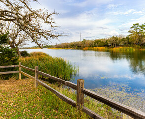 Split Rail Fence on Lake Bastrop , Lake Bastrop South Shore Park, Bastrop, Texas, USA
