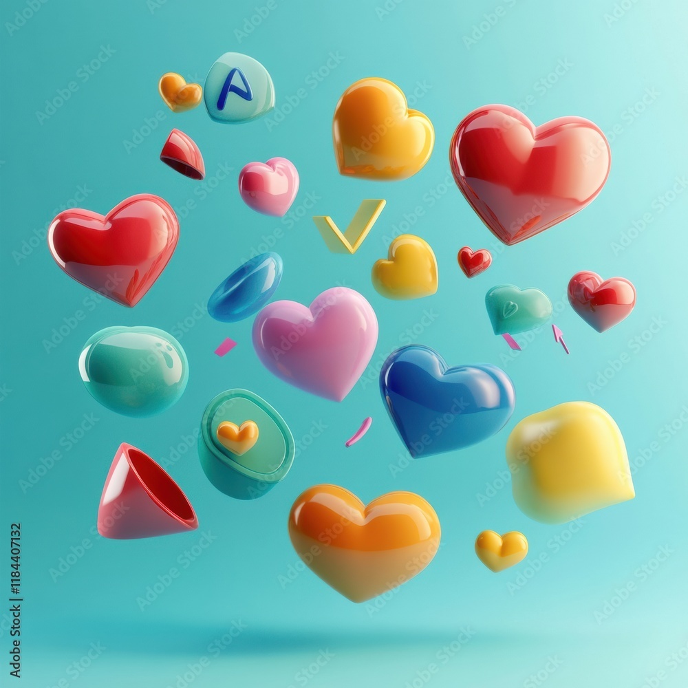 Aufkleber floating 3d chat bubbles, hearts, and arrows create a vibrant, playful atmosphere in a digital commu