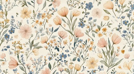 Vintage aesthetic watercolor seamless pattern with morning glories, violets, lilies, daisies, cosmos, ivy, irises, tulips, peonies, roses	