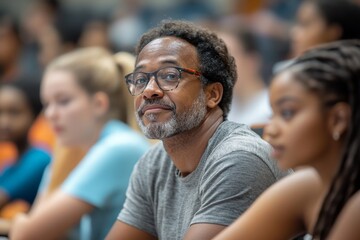 Fototapeta premium Mature students learning with help of African American teacher in lecture hall. Generative AI