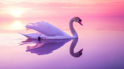 Fototapeta premium A graceful white swan gliding smoothly across the surface of a still lake, its reflection perfectly mirrored in the water, with a soft pink and purple sky from the setting sun