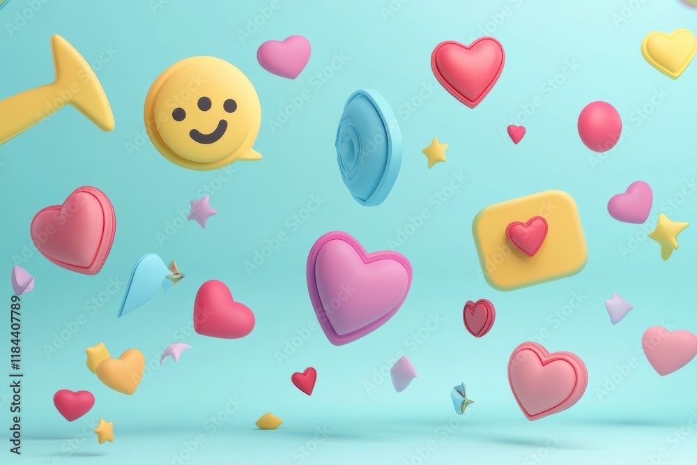 Aufkleber floating 3d chat bubbles, hearts, and arrows creating a vibrant digital atmosphere. generative ai