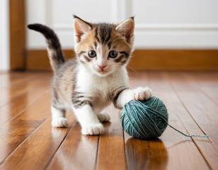 Adorable Kitten Playing with Yarn Ball on Wooden Floor