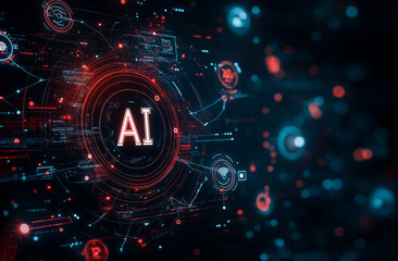Fototapeta premium AI Revolution: Abstract digital art depicting AI technology, showcasing futuristic interfaces and interconnected data streams in a vibrant red and blue color scheme. 