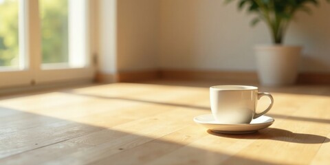 Serene morning sunlight illuminates a coffee cup on a wooden floor near a window