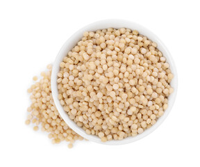 Raw couscous in bowl isolated on white, top view