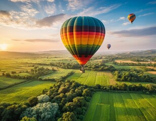Naklejka premium Aerial View of Colorful Hot Air Balloons Soaring Over Lush Green Fields at Sunrise