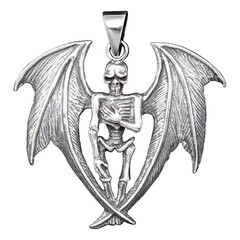 This sterling silver pendant features a detailed skeleton with wings, combining gothic and mystical elements. A symbol of freedom and afterlife, it’s a unique piece of dark, edgy jewelry