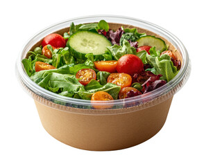 Fresh salad in round cardboard container healthy meal kitchen table vibrant colors close-up perspective culinary delight isolated on transparent background png