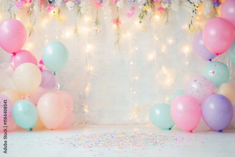 Poster Colorful festive balloons and twinkling lights create a joyful atmosphere for celebrations and parties. Generative AI