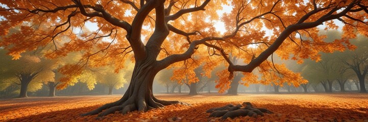 A tree covered in vibrant autumn oak leaves with changing leaves , autumn, oak leaves