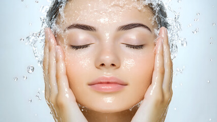 Naklejka premium Young beautiful woman splashing water on face. Model facewash, skincare and dermatology background.