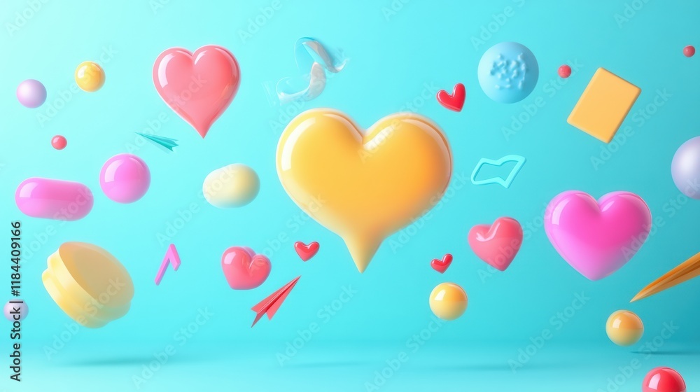 Aufkleber floating 3d chat bubbles, colorful hearts, and arrows creating a playful digital atmosphere. generat
