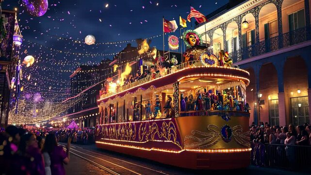 Festive tram illuminated with colorful lights moving through a city street at night. Holiday celebration and urban charm concept. High quality 4k footage