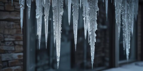 Glittering icicles hanging from a frozen windowpane, frost, glitter, glass