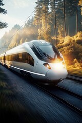Naklejka premium Sleek, silver high-speed train races through a picturesque forest landscape as the sun sets, casting a warm glow on the trees and creating a sense of speed and adventure