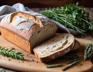 Artisan Loaf of Crusty Bread with Fresh Herbs on Wooden Board