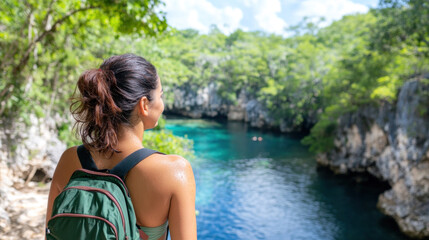Obraz premium Pakistani woman enjoy vacation at blue lagoon cenotes yucatan in jungle