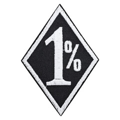 Embroidered biker patch featuring the iconic '1%' symbol, representing the rebellious spirit of the outlaw motorcycle clubs. A bold design for adding attitude to your jacket, vest, or gear