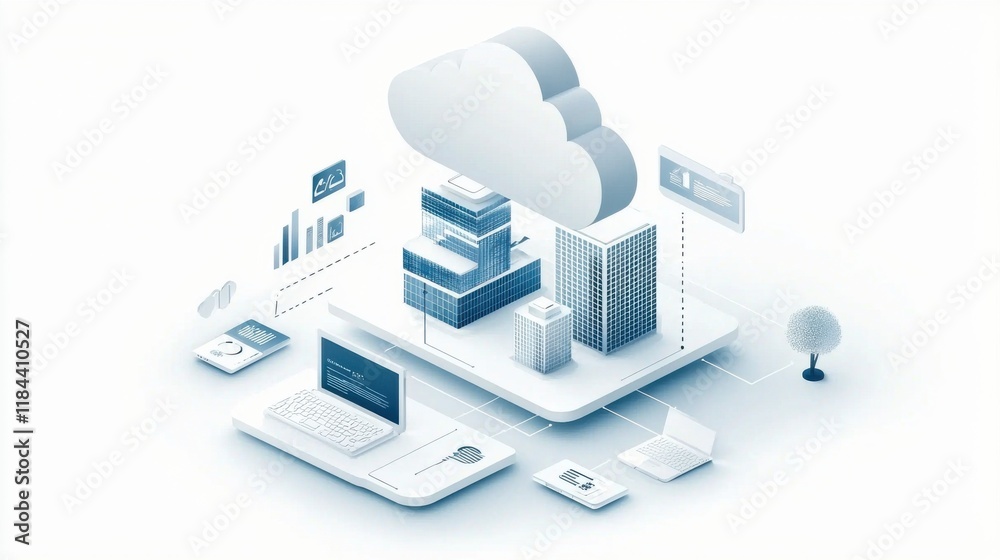 Poster isometric view of modern data center and cloud computing infrastructure in a business setting