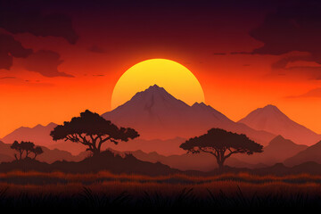 Obraz premium Sunset Mountain Landscape Illustration