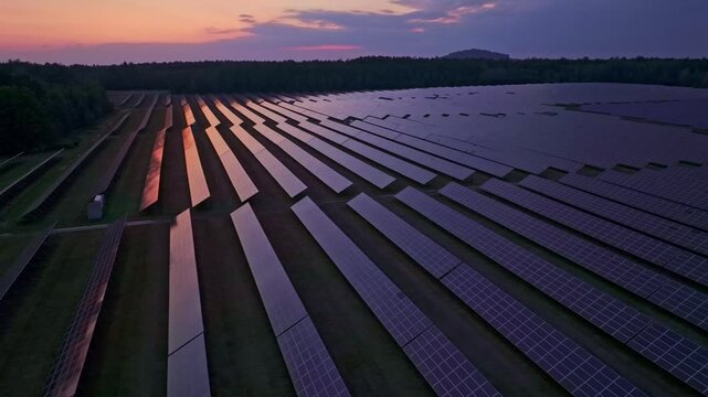 Aerial view of solar farm during sunset with solar panels and glowing sunset sky, Melnik, Czech Republic.