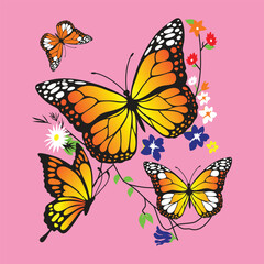 Vibrant Monarch Butterflies and Flowers on a Pastel Pink Background