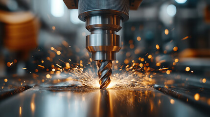 Metal drilling process with sparks in industrial workshop