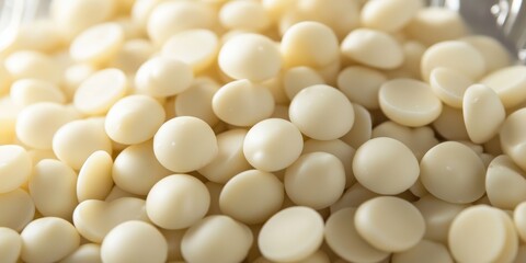 White chocolate callets presented in a packet, captured from a top view, showcasing the premium quality of the white chocolate callets in this high quality image.