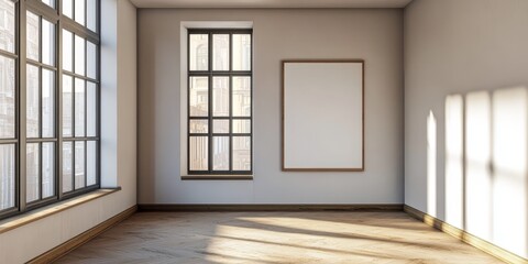 Contemporary stylish window paired with wooden flooring and an unoccupied poster space offers a chic and minimalistic aesthetic.