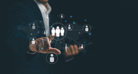 Customer Relationship Management,CRM,Customer Service,Digital Marketing Concept, Businessman Tapping on People Icon on Virtual Screen, Showing Business Organization Online Marketing Network Strategy